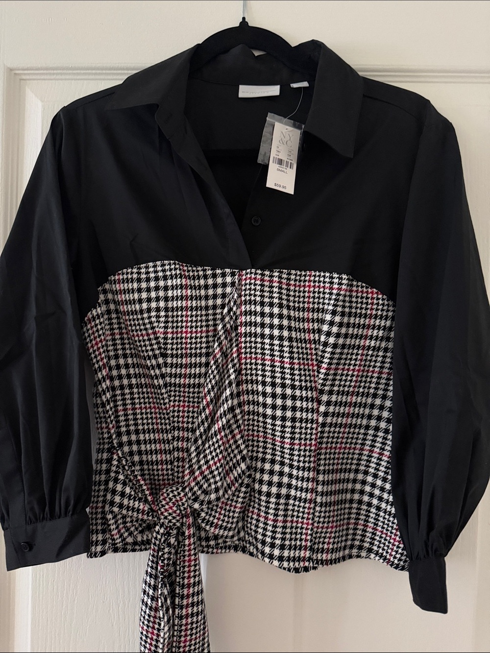 New York & Company Black Button-Down Shirt with Houndstooth Tie-Front Panel